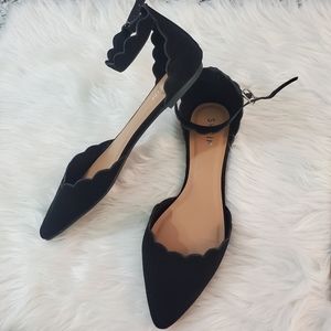 Shein 11 flats black scalloped ankle strap pointy dressy shoes Sandals